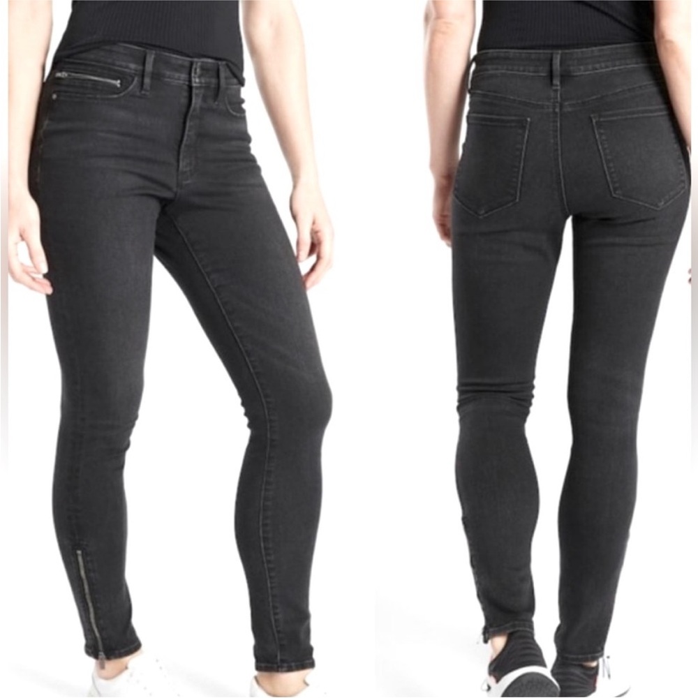 Athleta SculpTek black carbon wash skinny black zip ankle jeans 8
